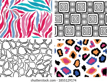 Pak seamless patterns of animal pop art skin . Vector set of patterns.