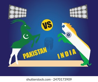 Pak vs India Match, Pakistani Markhor and Indian Tiger playing cricket in stadium, pakistan vs india match concept