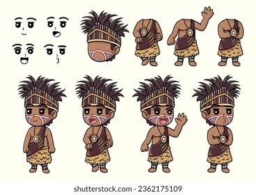 Pakaian Adat Papua Set of Indonesian traditional Costume Cloth - Vector, Boy, Papua, Indonesia