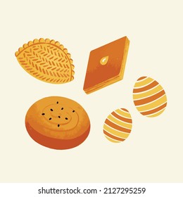 Pakhlava Shekerbura Gogal Novruz Eggs  Vector illustration 