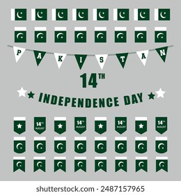 Pakistan 14th of August flag for Independence Day. Set Of Patriotic Bunting  Flags. Social Media Post Design Or Template Hanging Flag With Rope The Pakistan Flag Art Victor illustration.