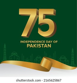 Pakistan 75 Anniversary, Pakistan 14 august Independence Day With Green Background with ribbon in vector 