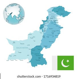 Pakistan administrative blue-green map with country flag and location on a globe. Vector illustration