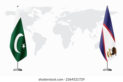 Pakistan and American Samoa flags for official meeting against background of world map.