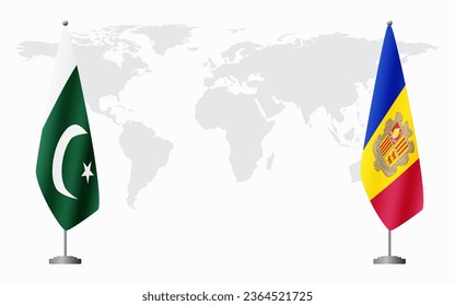 Pakistan and Andorra flags for official meeting against background of world map.