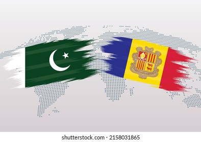 Pakistan and Andorra flags. Pakistani and Andorran flags, isolated on grey world map background. Vector illustration.