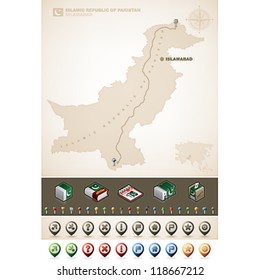 Pakistan and Asia maps, plus extra set of isometric icons & cartography symbols set