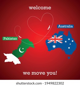 Pakistan nach Australien reisen Grußkarte. Vektorgrafik