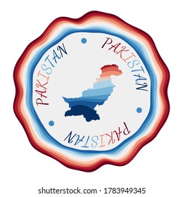Pakistan badge. Map of the country with beautiful geometric waves and vibrant red blue frame. Vivid round Pakistan logo. Vector illustration.