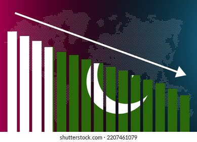 Pakistan bar chart graph, decreasing values, crisis and downgrade concept, Pakistan flag on bar graph, down arrow on data, news banner idea, fail and decrease, financial statistic