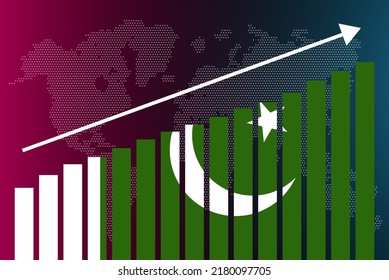 Pakistan bar chart graph, increasing values, country statistics concept, Pakistan country flag on bar graph, upward rising arrow on data, news banner idea