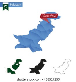 Pakistan blue Low Poly map with capital Islamabad, four versions of map. Vector Illustration.