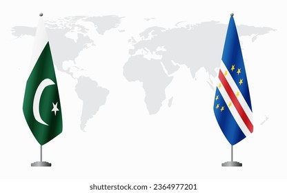 Pakistan and Cape Verde flags for official meeting against background of world map.