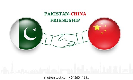 Pakistan und China Flaggen im Kreis schütteln Hand. Freundschaft zwischen Pakistan und China, pakistanische und chinesische Flaggen, isoliert auf weißem Grund. Vektor-Symbolsatz. Vektorgrafik.