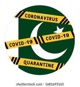 Pakistan closes borders. Caution tape with black and yellow lines and text keep out on Pakistan flag background. 