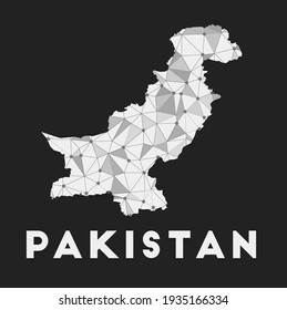 Pakistan - Landkarte des Kommunikationsnetzes. Pakistan trendige geometrische Gestaltung auf dunklem Hintergrund. Technologie, Internet, Netzwerk, Telekommunikationskonzept. Vektorgrafik.