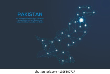 Pakistan communication network map. Vector low poly image of a global map with lights in the form of cities. Map in the form of a constellation, mute and stars