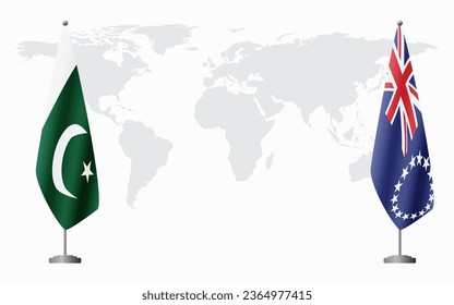 Pakistan and Cook Islands flags for official meeting against background of world map.