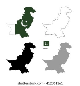 Pakistan country black silhouette and with flag on background, isolated on white