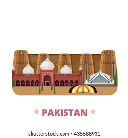 Pakistan country design template. Flat cartoon style historic sight showplace web site vector illustration. World travel Asia Asian collection. Pakistan Monument Faisal Badshahi Mosque Derawar Fort. svg