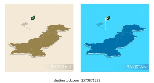 Pakistan country flag installed on geographic positioning map point of country territory. Pakistani commonwealth banner on land and sea. Festive patriotic HD format template for independence day