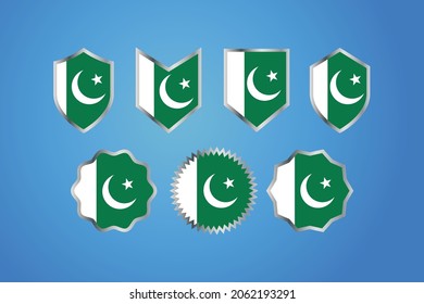 Pakistan country flag with various silver shield badge or emblem frame