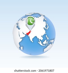 Pakistan - country map and flag located on globe, world map. 3D Vector illustration