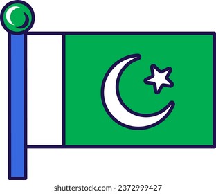 Pakistan country nation flag on flagpole vector. Star and crescent on dark green field and vertical white stripe at hoist on islamic republic symbolic. Patriotic sticker flat cartoon illustration