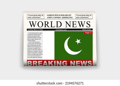 Pakistan country newspaper with flag, breaking news on newsletter, Pakistan news concept, gazette page with headline, journal with country flag, reading newspaper, streamer headline