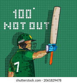 Pakistan Cricket Batter Player And 100 Not Out Text On Green Grid Background.