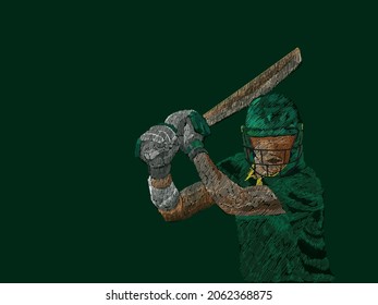 Pakistan Cricket Batter In Playing Pose With Line Pattern On Green Background.