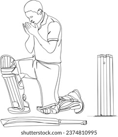 Pakistan Cricket Player Celebrating Victory - One Line Sketch Illustration, Islamic Cricket Batsman Offering Dua After Century - Vector Sketch Drawing