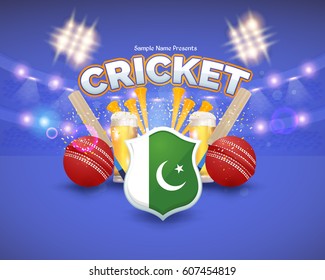 Pakistan Cricket Poster Background, Vector Spotlights Banner Event Info Postcard Design and Typographic Sports Ad Web Banner or Horizontal Card Template, Ball, Stick Illustration