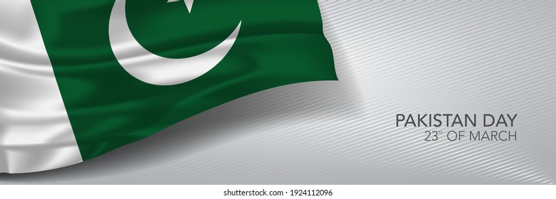 Pakistan day vector banner, greeting card. Pakistani wavy flag in 23rd of March national patriotic holiday horizontal design