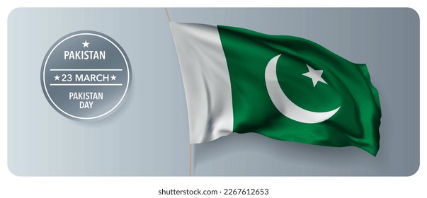 Pakistan day vector banner, greeting card. Pakistani wavy flag in 23rd of March national patriotic holiday horizontal design