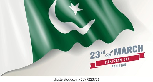 Pakistan day vector banner, greeting card. Pakistani wavy flag in 23rd of March national patriotic holiday horizontal design