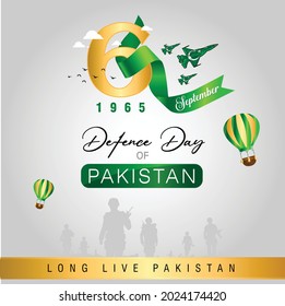 Pakistan Defence Day 6 September Banner. Greeting Card Defence Day Pakistan Army fighter plane Air Balloons Birds Clouds with Green Ribbon on light grey gradient Background