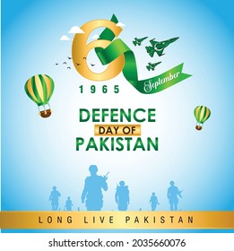 Pakistan Defence Day 6 September Banner. Greeting Card Defence Day Pakistan Army Fighter Plane Air Balloons Birds Clouds With Green Ribbon On Light Blue Gradient Background