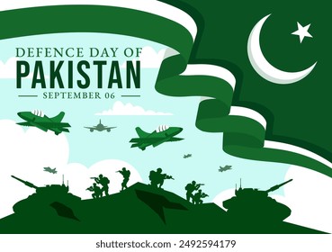 Pakistan Defence Day Vector Illustration on 6th September featuring Waving Flag, Jets, Army, Building, and tanks in a Flat Style Cartoon Background