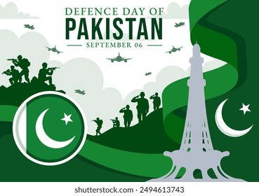 Ilustración vectorial del Día de la Defensa de Pakistán el 6 de setiembre con banderas ondeando, jets, ejército, edificio y tanques en un fondo plano de dibujos animados