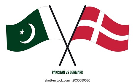 Pakistan and Denmark Flags Crossed And Waving Flat Style. Official Proportion. Correct Colors.