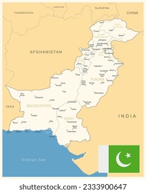 Pakistan - detailed map with administrative divisions and country flag. Vector illustration