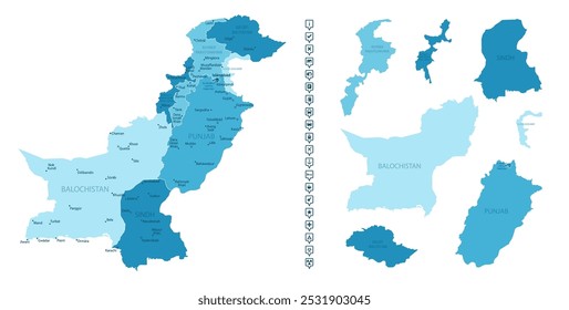 Paquistão - mapa detalhado do país em cores azuis, dividido em regiões. Ícones infográficos. Ilustração vetorial.