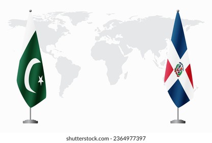 Pakistan and Dominican flags for official meeting against background of world map.