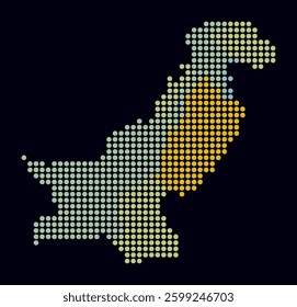 Pakistan dotted map. Digital style map of the country on a dark background. Pakistan shape with circle dots. Colored dots style. Large size circles. Plain vector illustration.