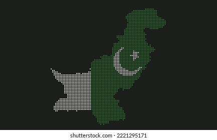 Bandera de mapa de Pakistán con textura gruesa en el estilo de punto mosaico. Ilustración de vector píxel abstracto de un mapa de país con efecto de semitono para infografía. 