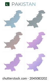 Pakistans gepunkteter Kartensatz. Karte von Pakistan im gepunkteten Stil. Grenzen des Landes gefüllt mit schönen glatten Gradientenzirkeln. Stilvolle Vektorgrafik.