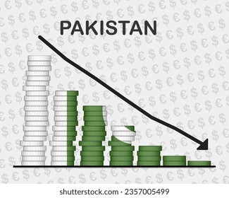 Pakistan economic collapse, decreasing values with coins, crisis and downgrade concept, Pakistan flag with changes, falling arrow, news banner idea, fail and decrease, financial decline