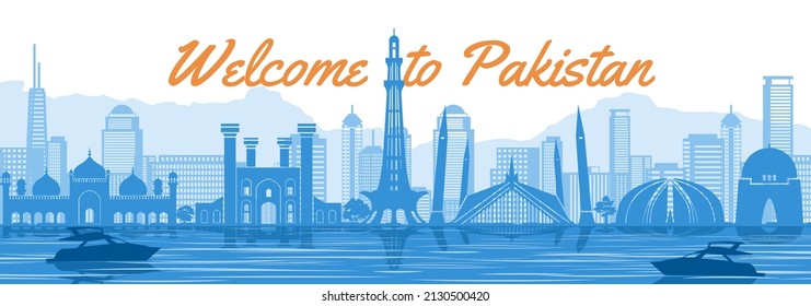 Pakistan famous landmark with blue and white color design,vector illustration