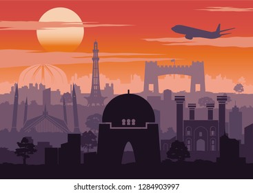 Pakistan famous landmark silhouette style with row design on sunset time,vintage color,vector illustration